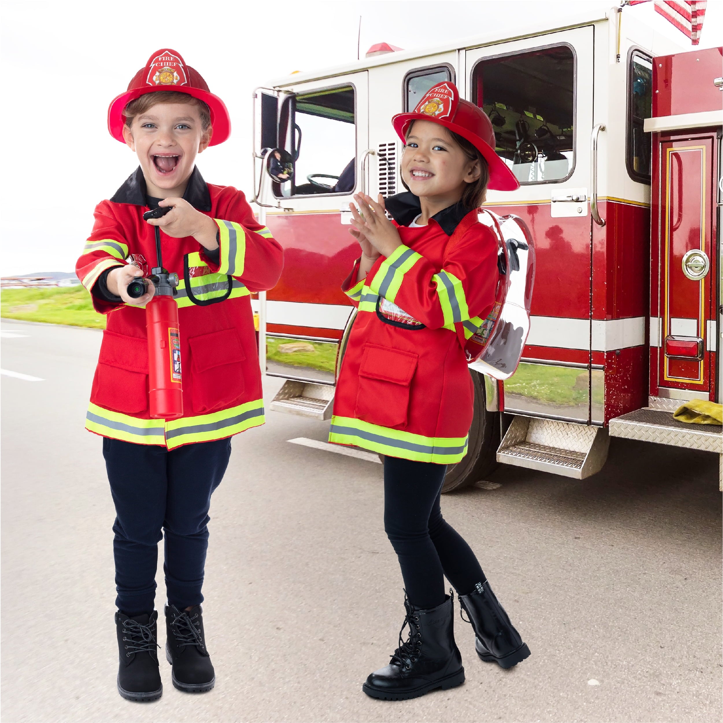 Washable Kids Fireman Costume Toy for Kids, Boys ,Girls, Toddlers and Children with Complete Firefighter Accessories, Color Red