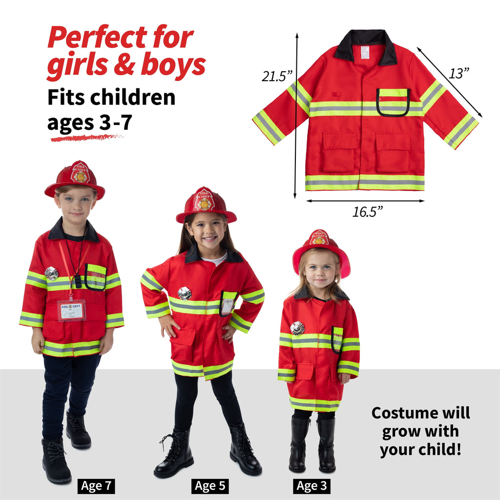 Washable Kids Fireman Costume Toy for Kids, Boys ,Girls, Toddlers and Children with Complete Firefighter Accessories, Color Red
