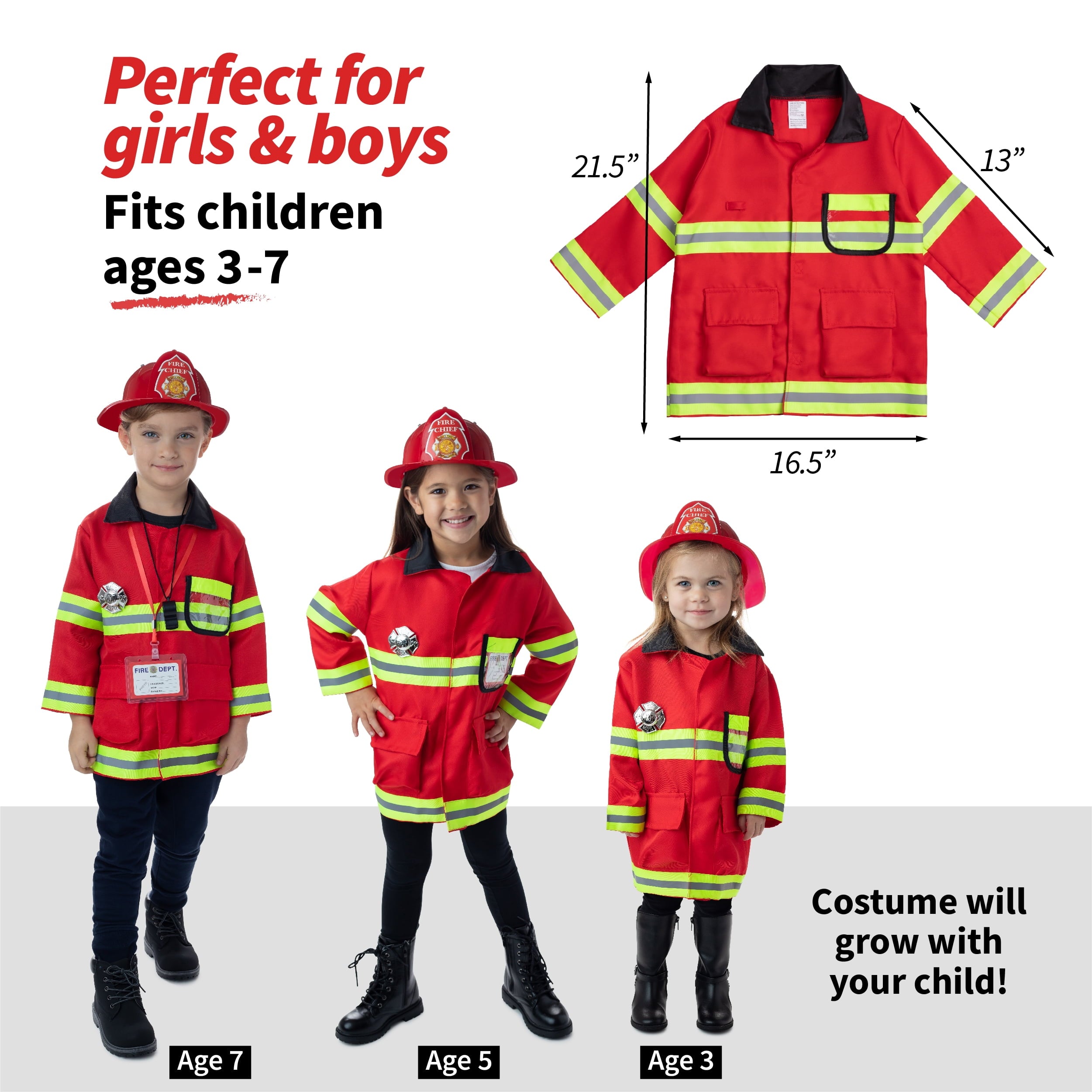 Washable Kids Fireman Costume Toy for Kids, Boys ,Girls, Toddlers and Children with Complete Firefighter Accessories, Color Red