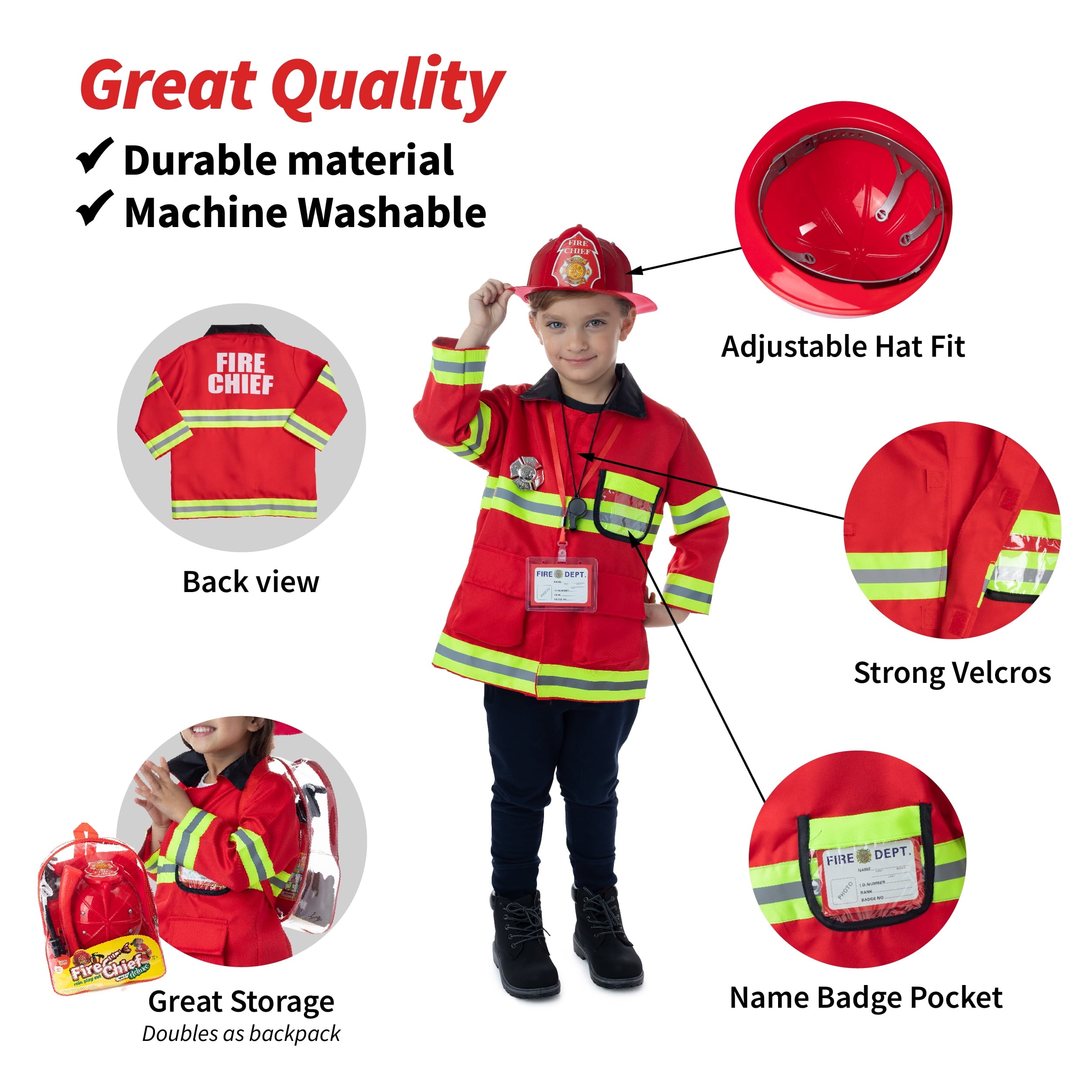 Washable Kids Fireman Costume Toy for Kids, Boys ,Girls, Toddlers and Children with Complete Firefighter Accessories, Color Red