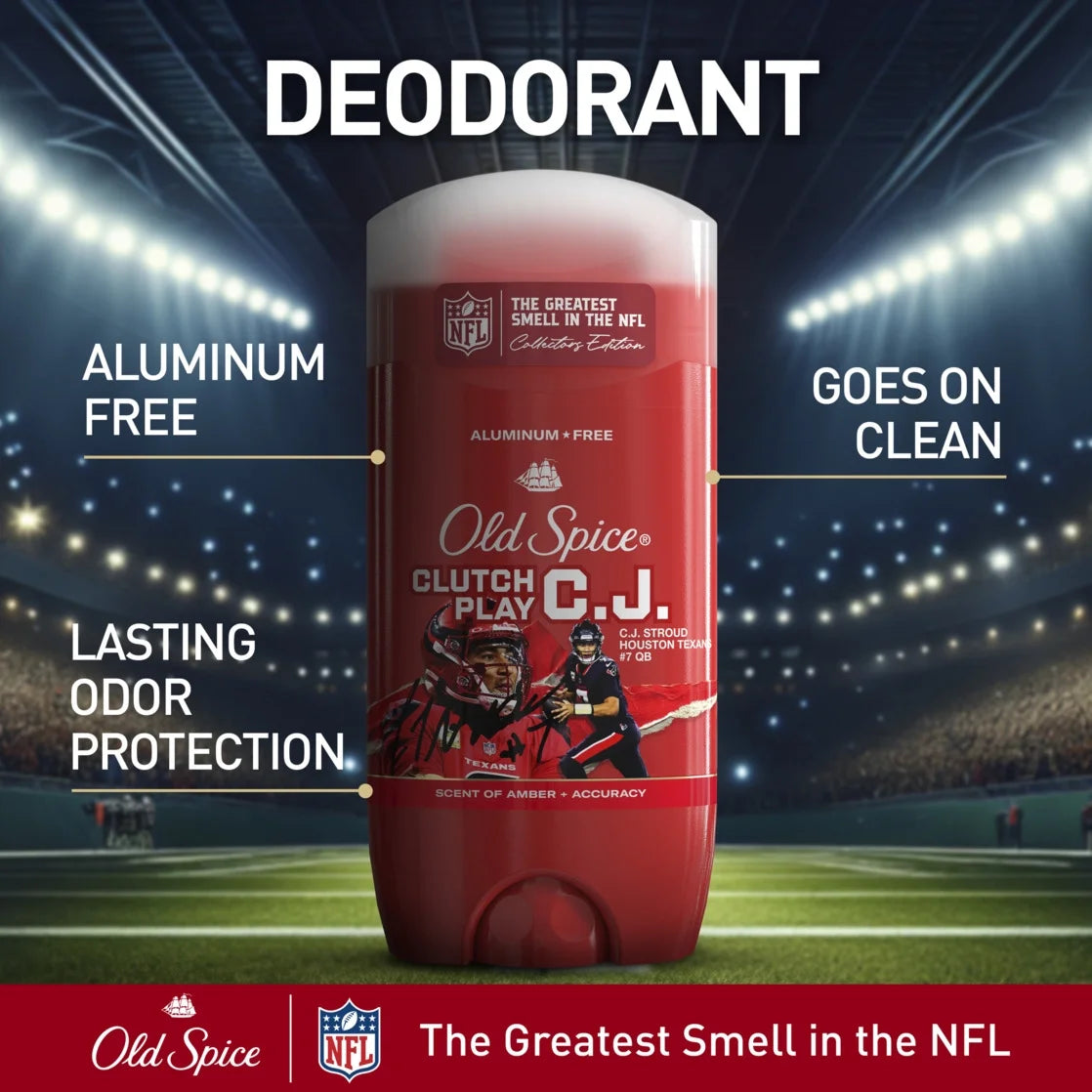 Men'S Aluminum Free Deodorant, NFL Collection, Clutch Play CJ Stroud, Amber + Accuracy Scent, 3Oz