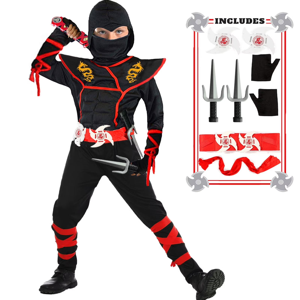 Halloween Ninja Costume Kids Ninja Muscle Costumes Boys Ninja Set Accessories Best Children Gift(Kids-M-6/7T)