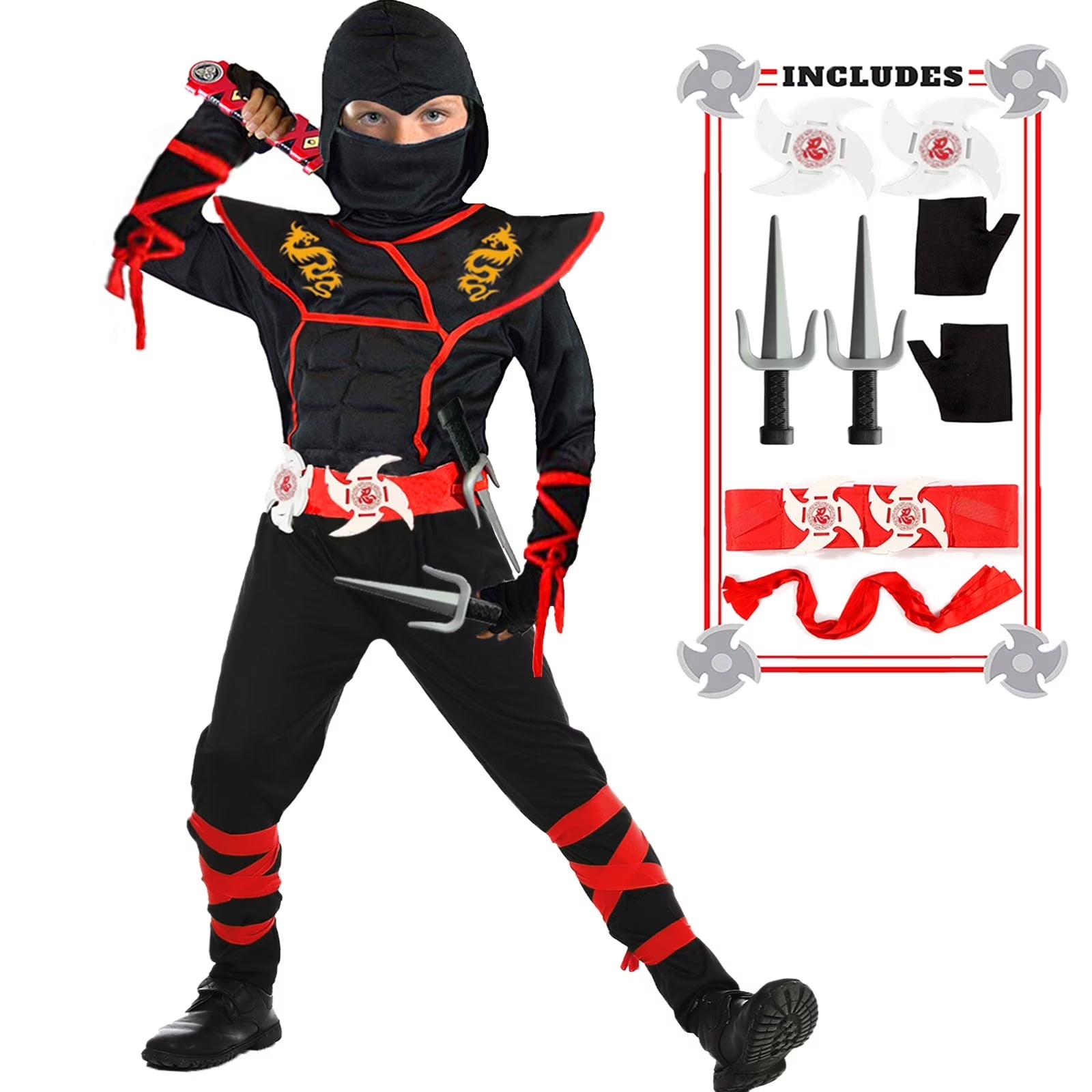 Halloween Ninja Costume Kids Ninja Muscle Costumes Boys Ninja Set Accessories Best Children Gift(Kids-M-6/7T)