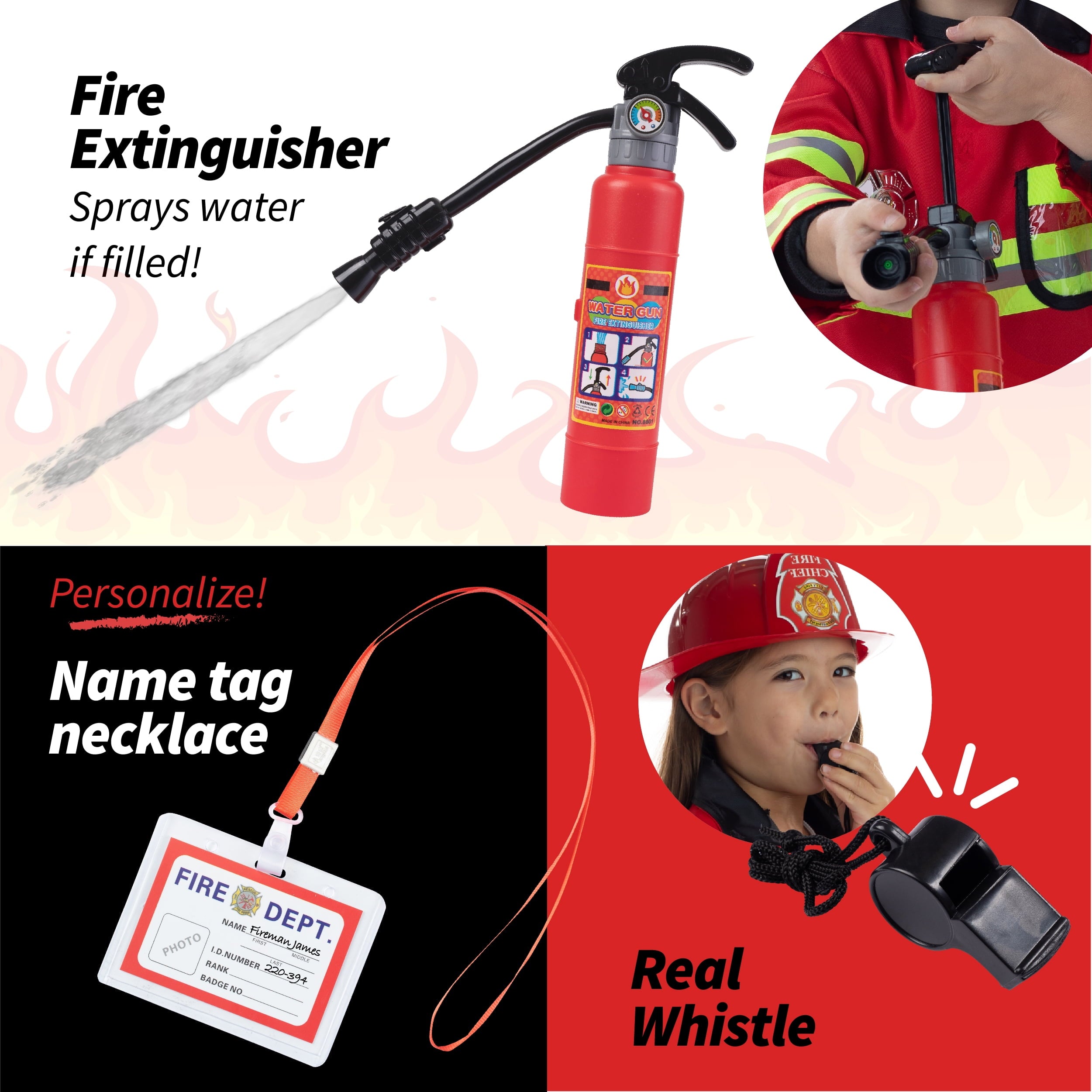 Washable Kids Fireman Costume Toy for Kids, Boys ,Girls, Toddlers and Children with Complete Firefighter Accessories, Color Red