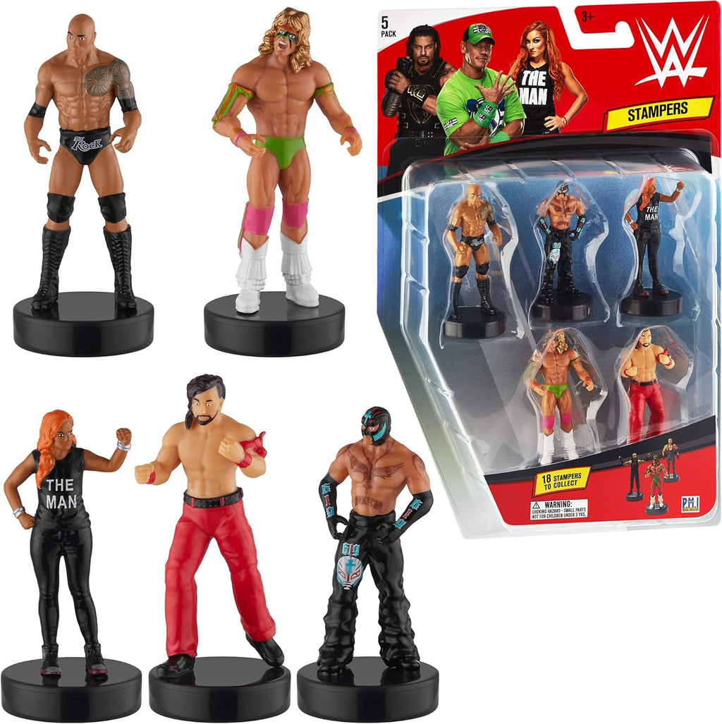 WWE Superstar Stampers, Set of 5 - Self-Inking WWE Superstars for Crafts, Party Decor, Cake Toppers Gifts - Ultimate Warrior, Rey Mysterio, the Rock, and More by , 2.3-2.5 In. Tall.
