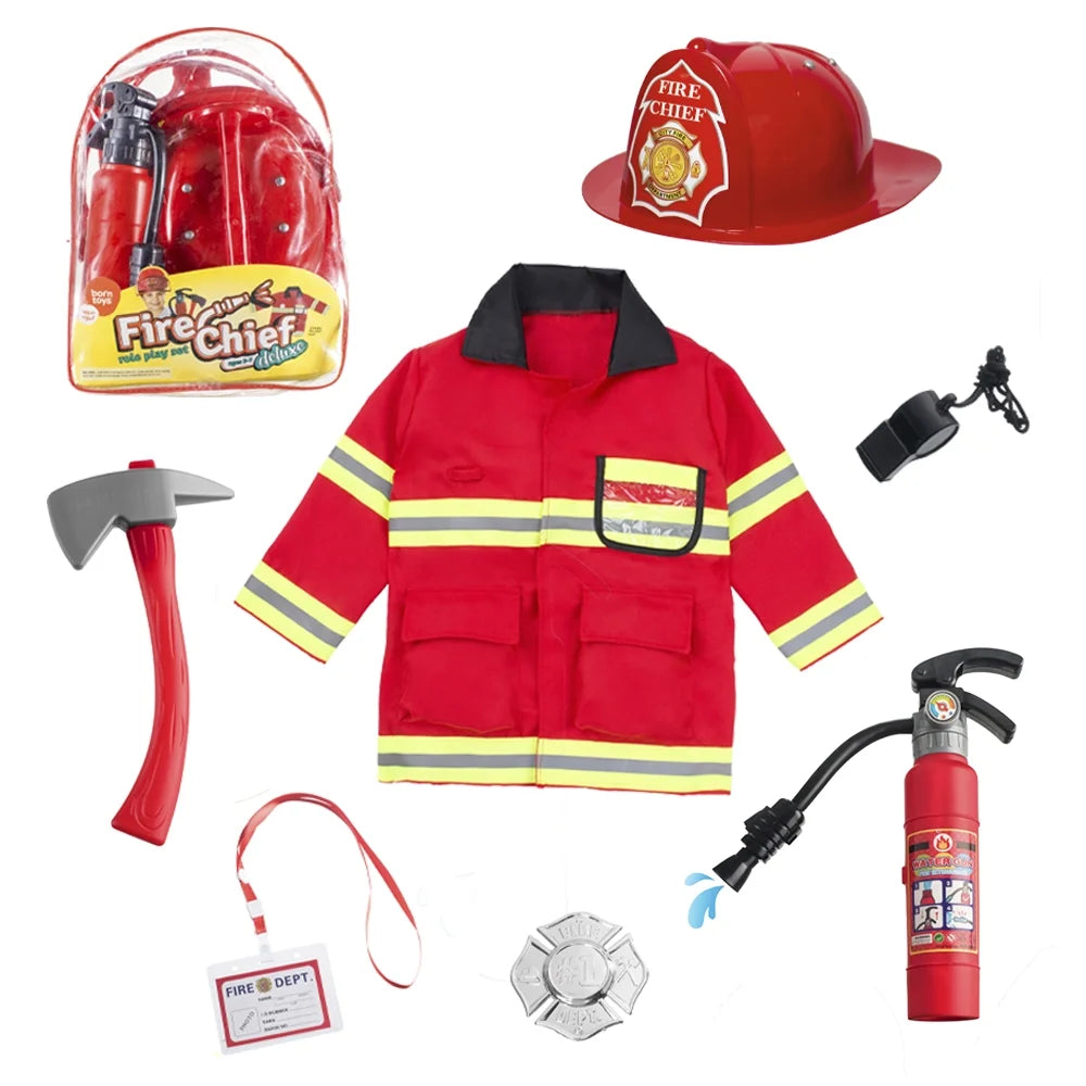 Washable Kids Fireman Costume Toy for Kids, Boys ,Girls, Toddlers and Children with Complete Firefighter Accessories, Color Red