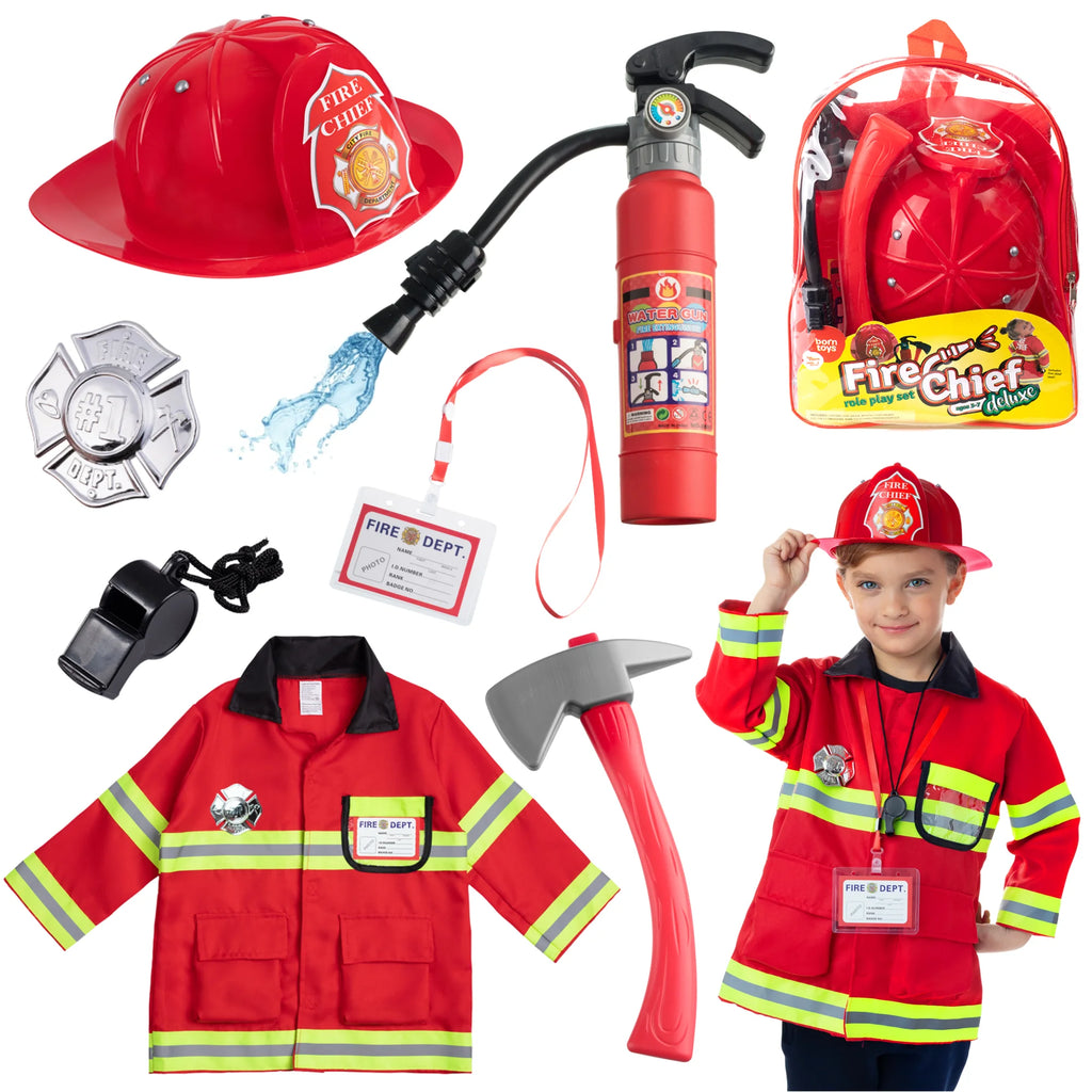 Washable Kids Fireman Costume Toy for Kids, Boys ,Girls, Toddlers and Children with Complete Firefighter Accessories, Color Red